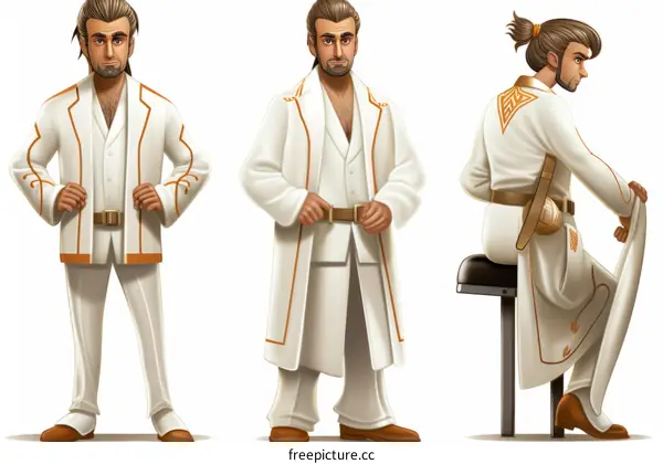 Three views of a man with brown hair in a white suit