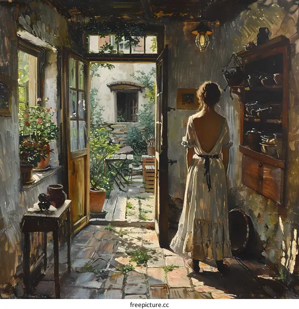 An oil painting of a woman standing in a doorway looking out into a courtyard