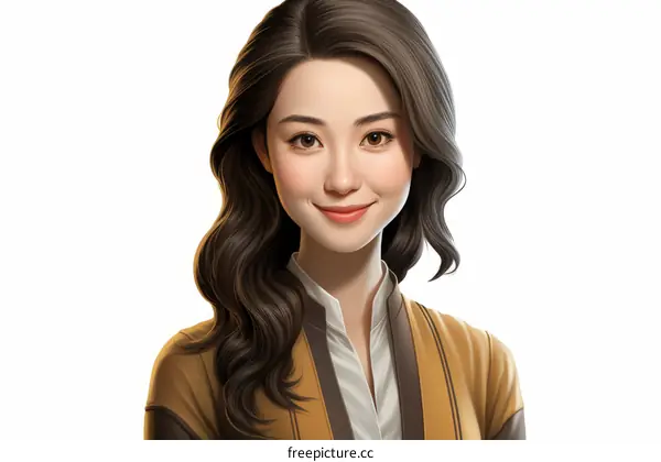 An illustration of a young Asian woman with long brown hair and brown eyes. She is wearing a brown shirt with a white collar.