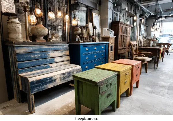 Vintage Furniture Shop Interior with Colorful Cabinets and Bench