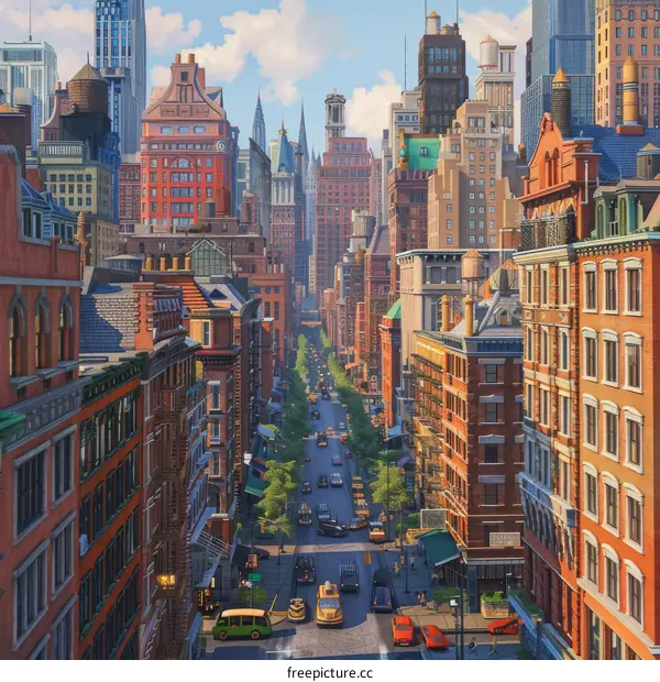 City Street Scene Illustration with Vintage Architecture