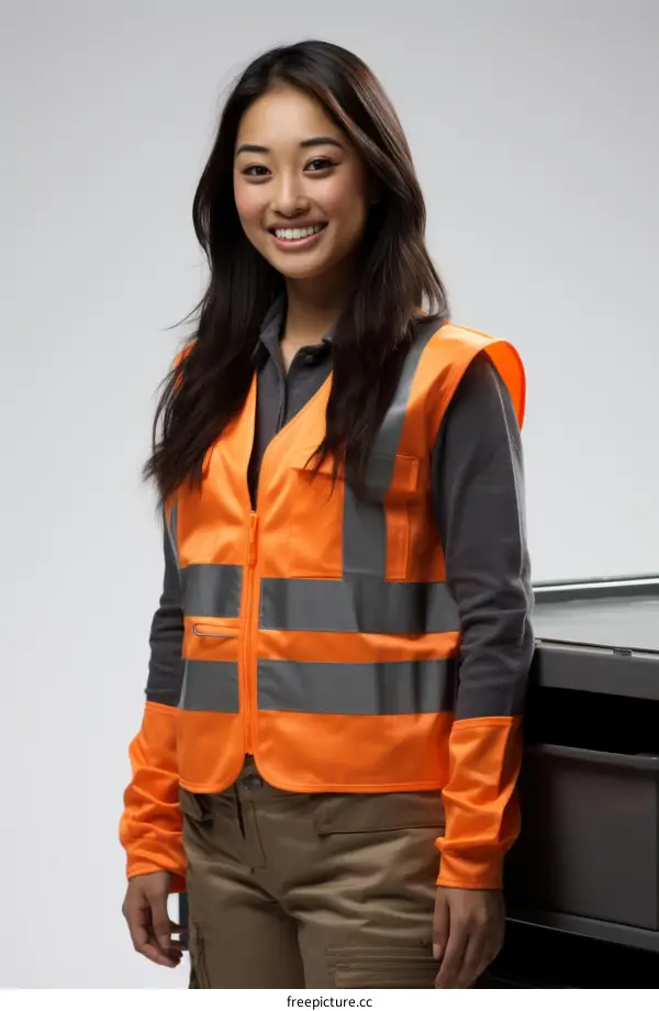 Portrait of a young Asian woman wearing a reflective vest