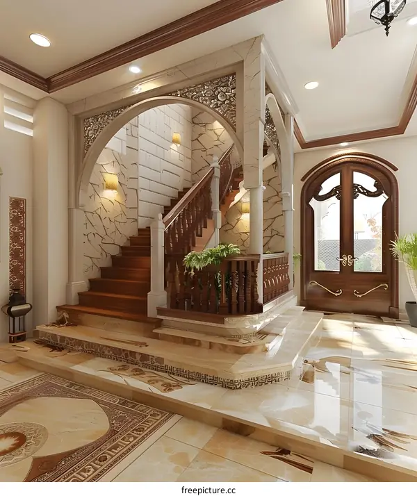 Interior Design With Stone Wall And Wooden Stairs