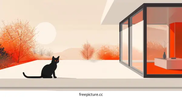 A black cat is sitting on the terrace of a modern house