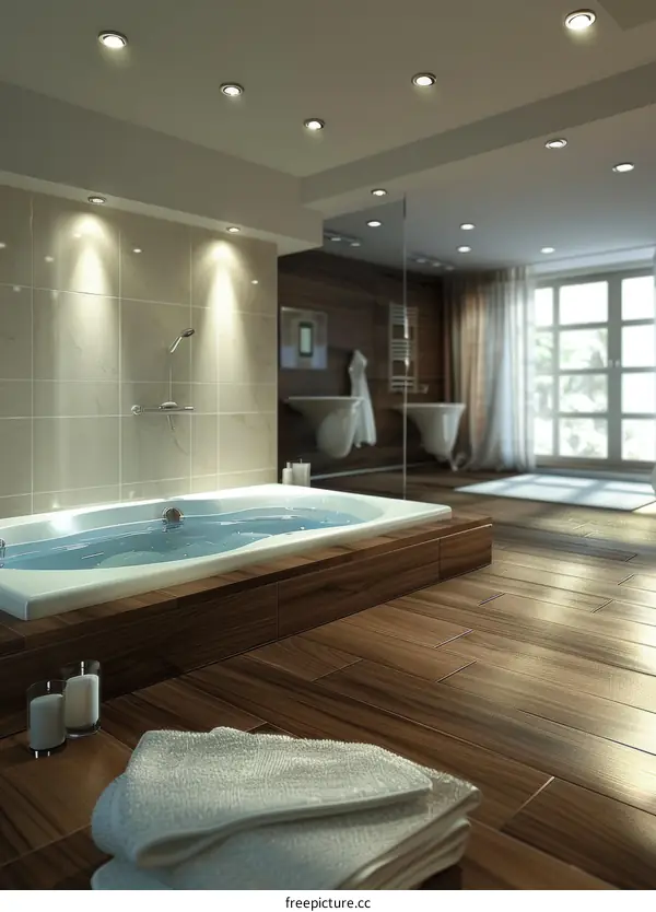 Modern Bathroom Interior Design With Bathtub And Towel