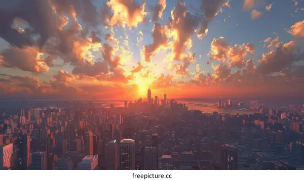 Cityscape with Skyscrapers and River at Sunset