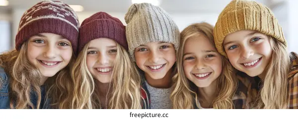 Four Girls Wearing Winter Hats Smiling Together