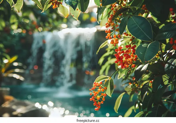 Red Berries Hanging From Branches With A Waterfall In The Background