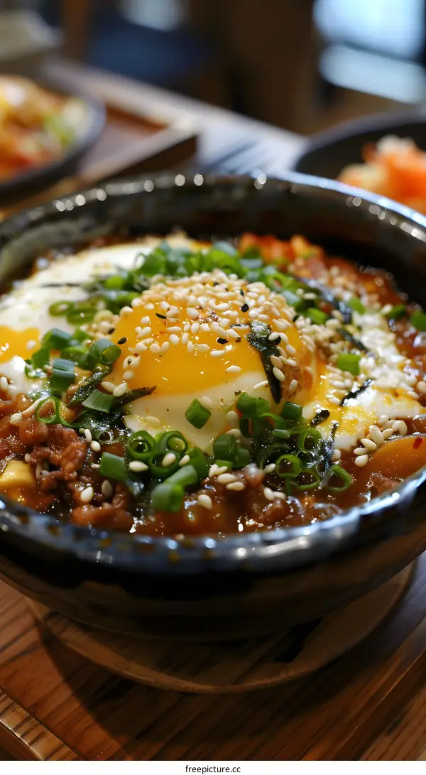 Spicy Korean stew with egg and green onions