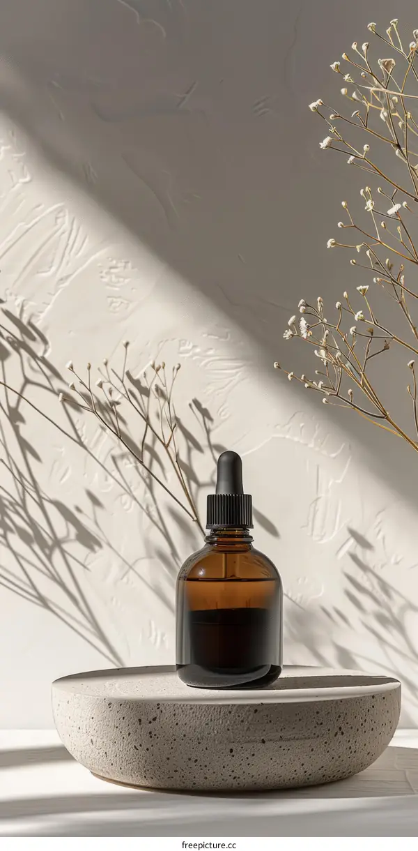 Close-up of a dropper bottle on a textured surface with a plant in the background