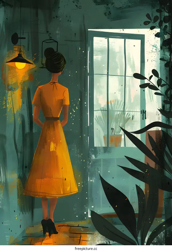 A woman standing in front of a door