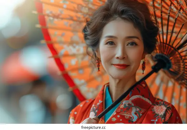Portrait of a beautiful Japanese woman in traditional kimono holding an orange umbrella