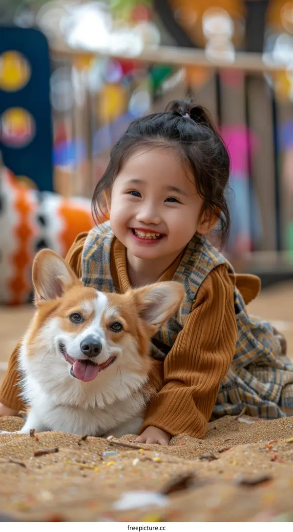 A happy little girl is playing with a corgi dog
