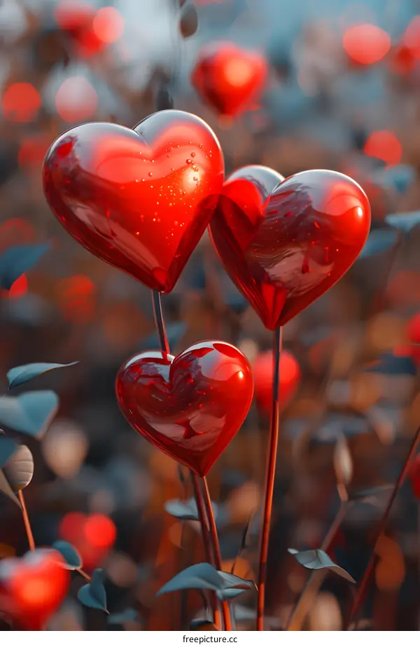 Three red heart-shaped lollipops on sticks in a garden of red flowers and green leaves.