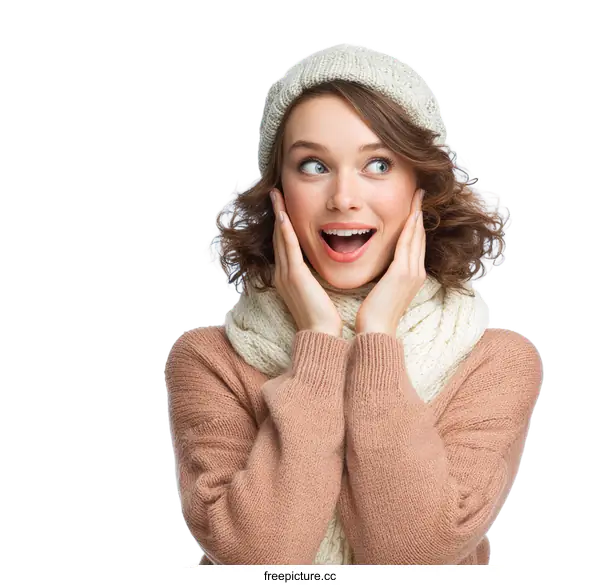 [Transparent Background PNG]A young woman in warm winter clothing with surprised expression