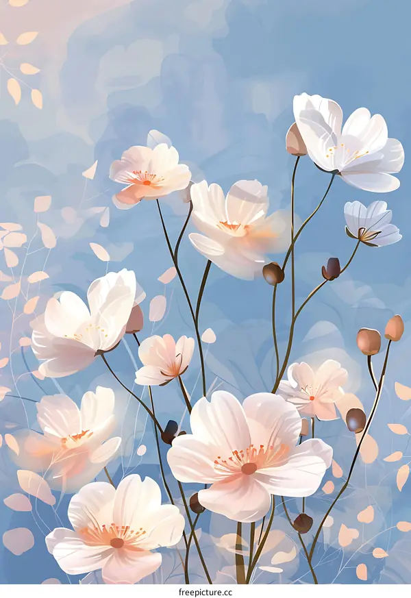 White Flowers  Floral Illustration Against Blue Watercolor Background