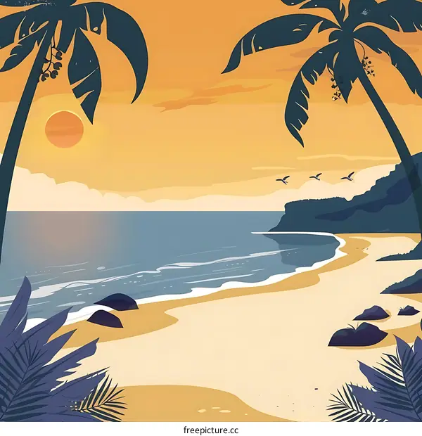 Tropical Sunset Beach Landscape Illustration