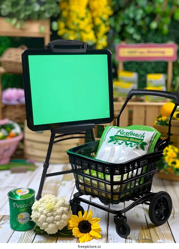 Green Screen Mockup With Small Shopping Cart And Green Beans In A Grocery Store Setting
