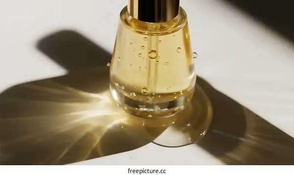 Bottle of golden serum with droplets on white surface