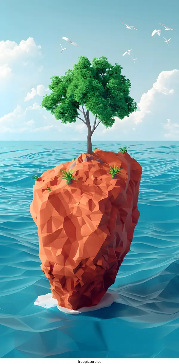 Low Poly Tree on a Rock in the Sea