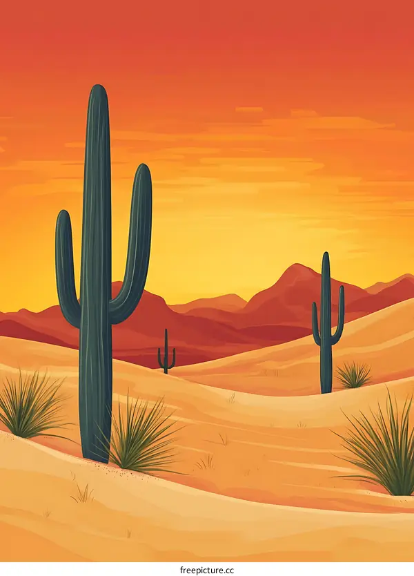 Sunset Desert Landscape with Cacti