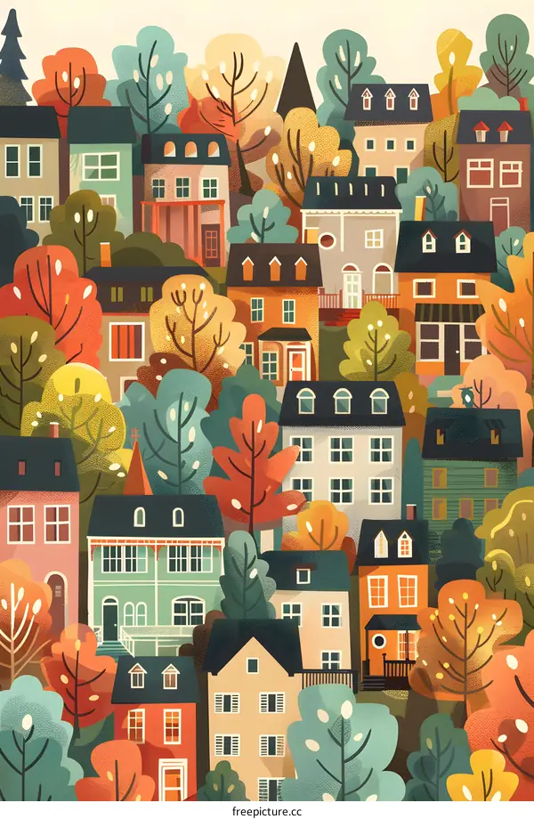 Colorful Autumn Village Homes Illustration