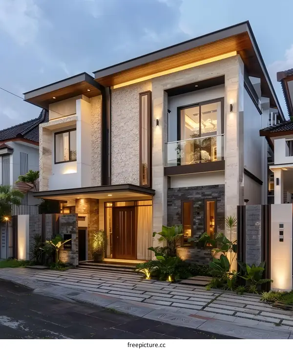 Modern Two Story House with Stone Facade and Glass Balcony