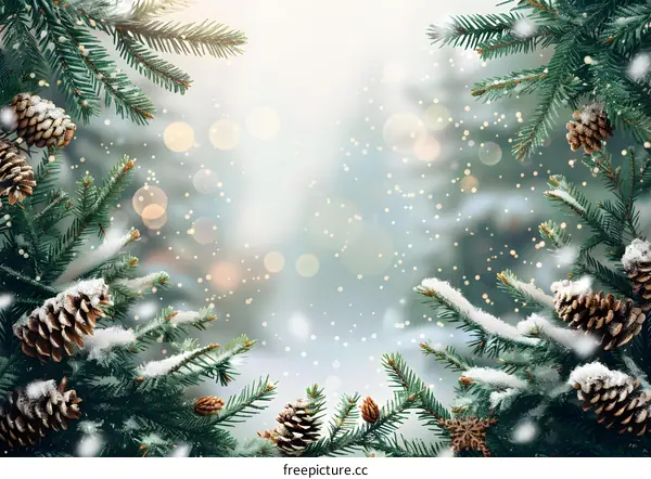 Christmas Tree Branches and Pine Cones with Snow