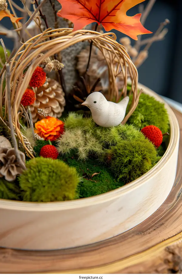 Miniature Forest Landscape With A Wooden Bird