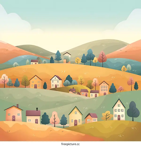 Colorful Illustration of Houses on Hills in a Village
