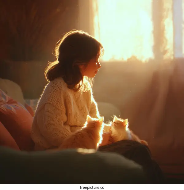 Warm Sunlight, Girl and Kittens Indoor Cozy Scene