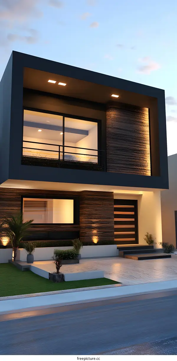 Modern House Exterior Design with Stone Wall and Balcony