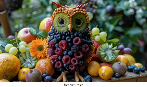 An owl made of fruits and vegetables