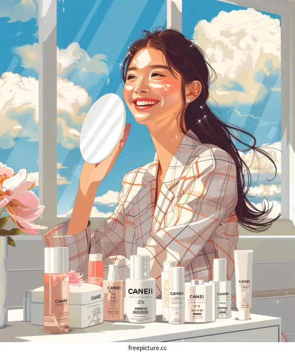 An illustration of a young woman of Asian ethnicity applying makeup in front of a mirror