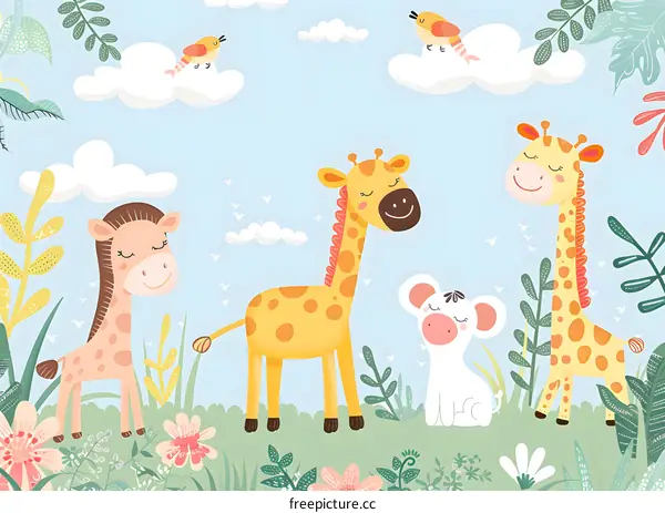 Cute Giraffe And Mouse Cartoon Illustration