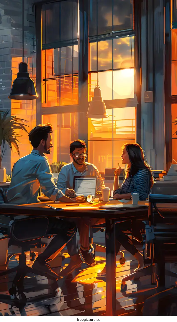 Three people discussing work in an office