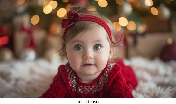 Cute Baby Girl in Red Dress with Christmas Lights