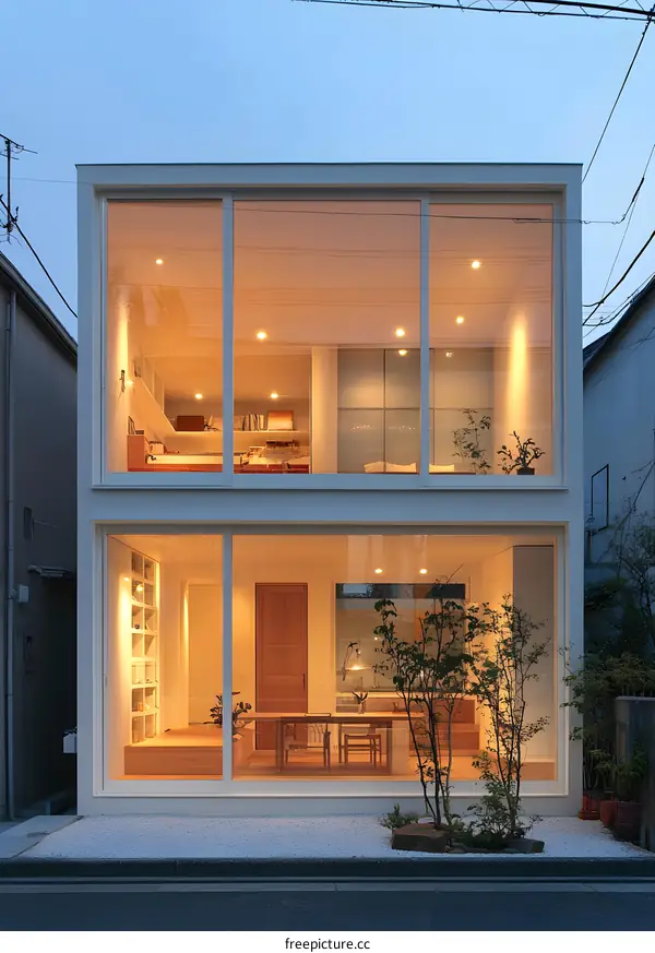 Modern Glass House Exterior with Warm Interior Lighting