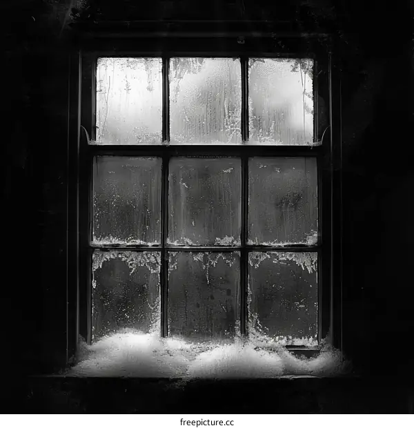 Black and white photo of a frosty window