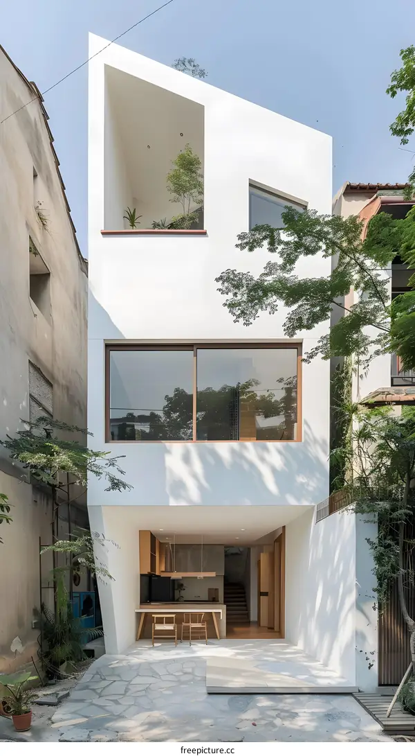 Modern Minimalist White House Exterior with Patio and Greenery