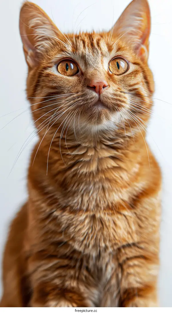 A ginger cat is looking up with wide eyes
