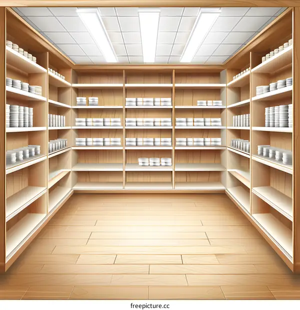 Empty Wooden Storage Room with Shelves Full of White Objects