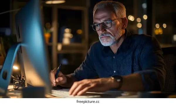 Senior Man Working on Computer at Night