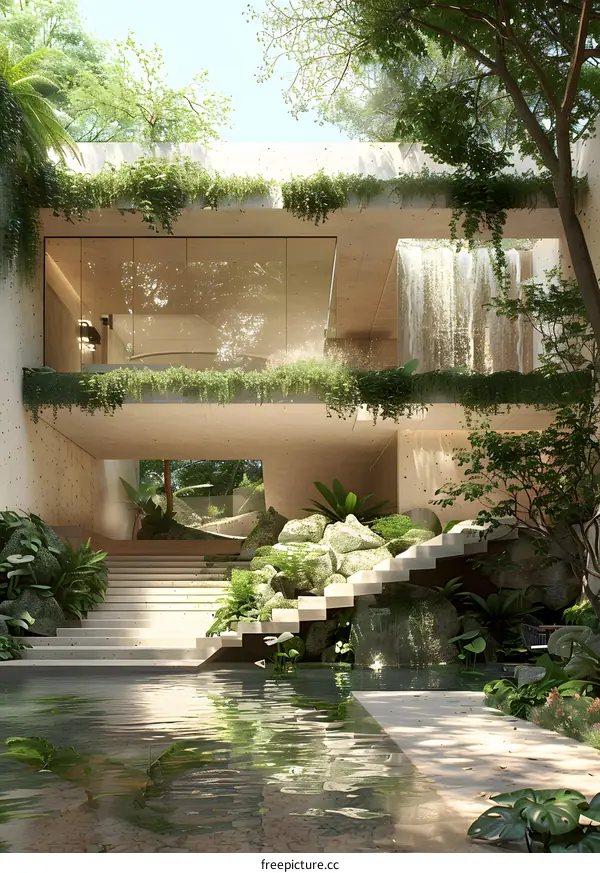 Modern house with waterfall and pond