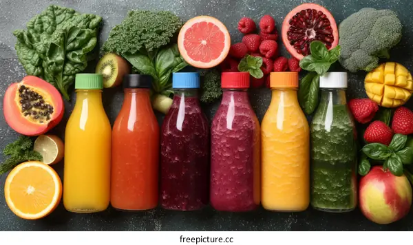 Bottles of fresh fruit and vegetable juices