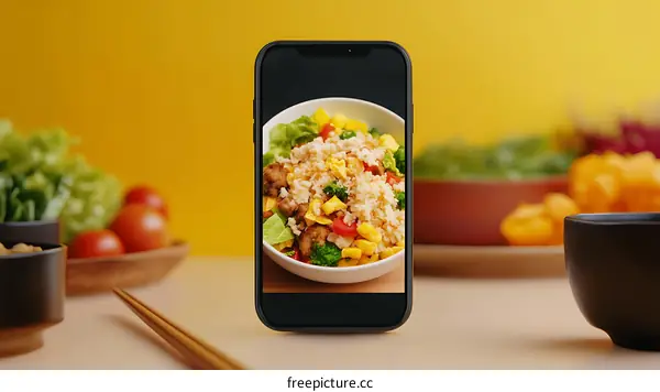 Close up of a Smartphone Displaying a Bowl of Fried Rice
