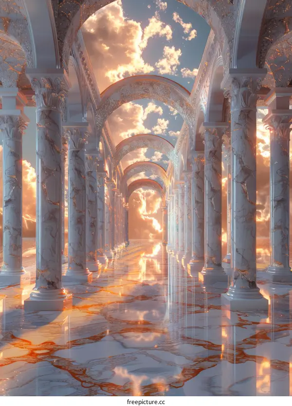 Surrealism architecture with marble columns and golden accents