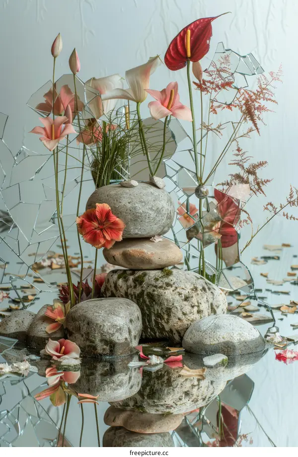 Stone and glass and flowers stillness