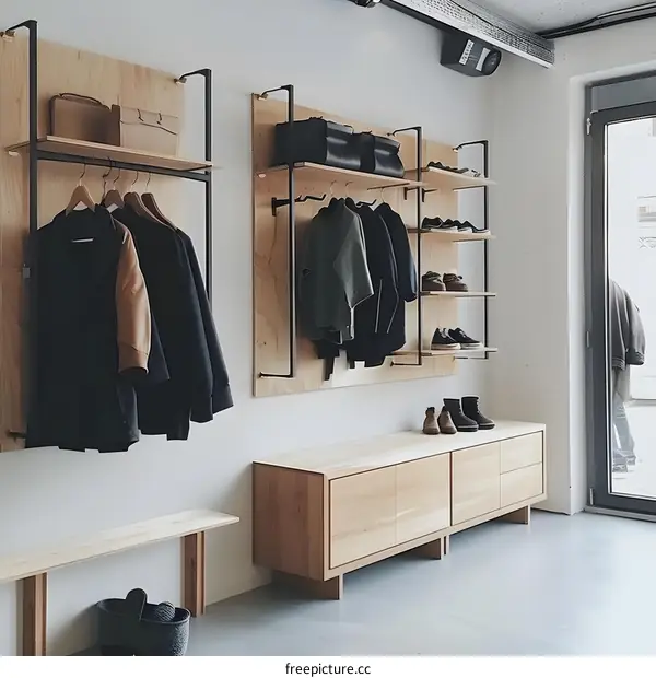 Minimalist Wooden Wall Mounted Storage Shelving with Black Metal Rails
