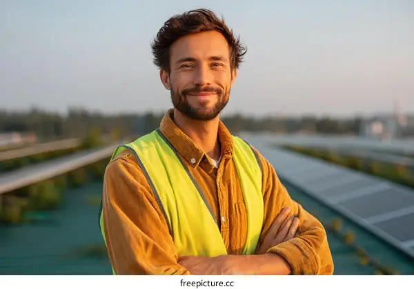 Smiling Caucasian Worker on Solar Panel Roof